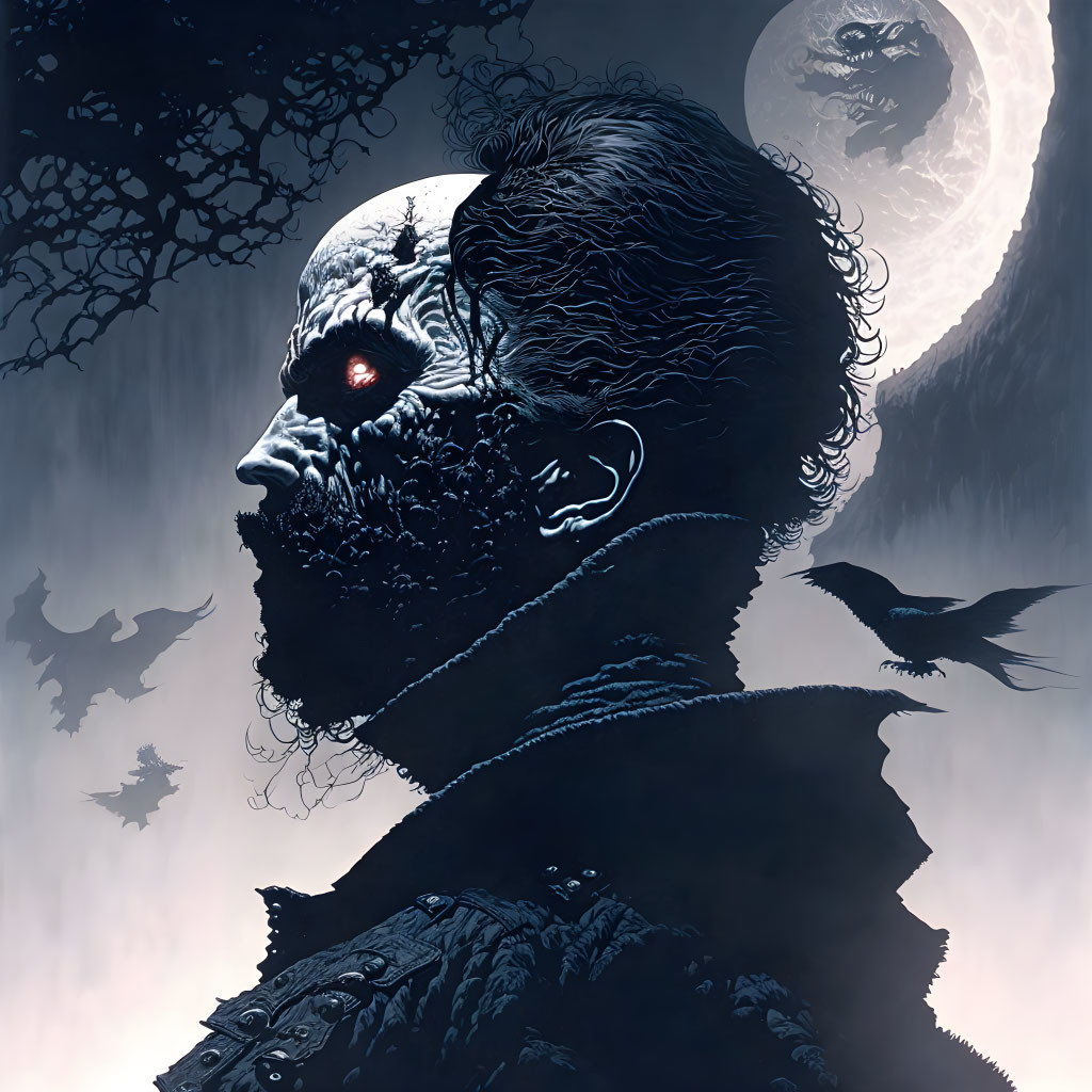 Gothic illustration of bearded man with skull face, bats, raven, and full moon