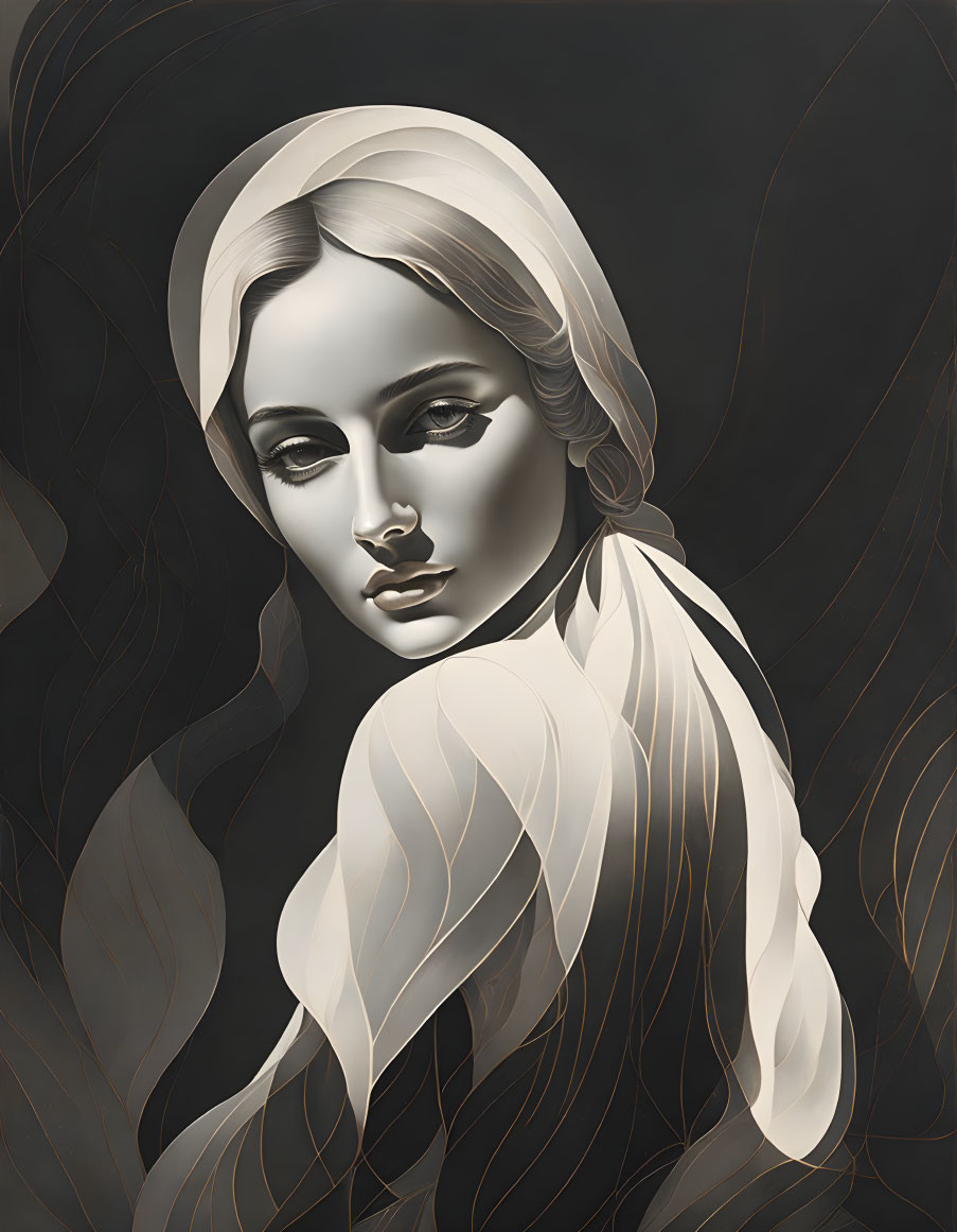 Monochromatic illustration of a woman with flowing hair and headscarf