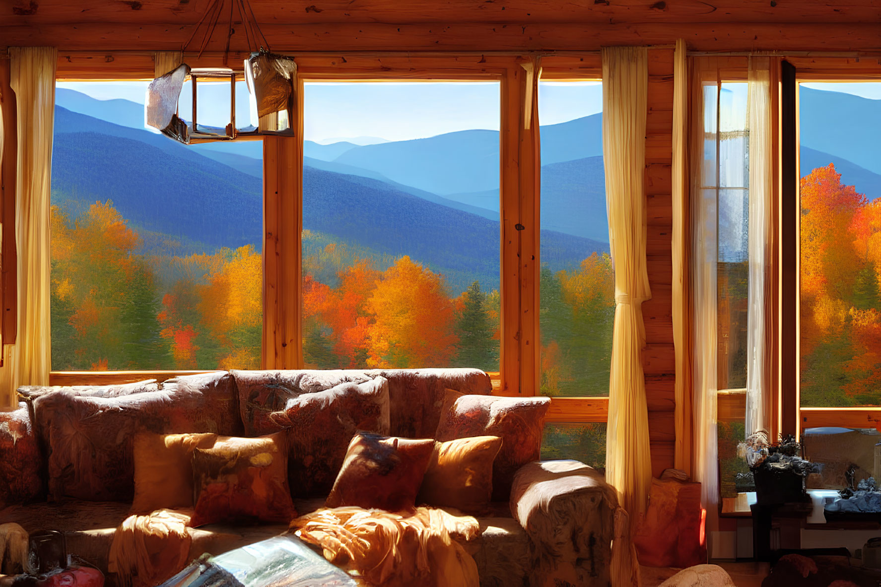 Room with Large Windows Overlooking Autumn Trees and Mountains