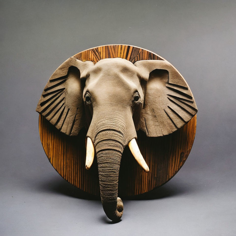 Realistic Elephant Head Sculpture on Circular Wooden Plaque