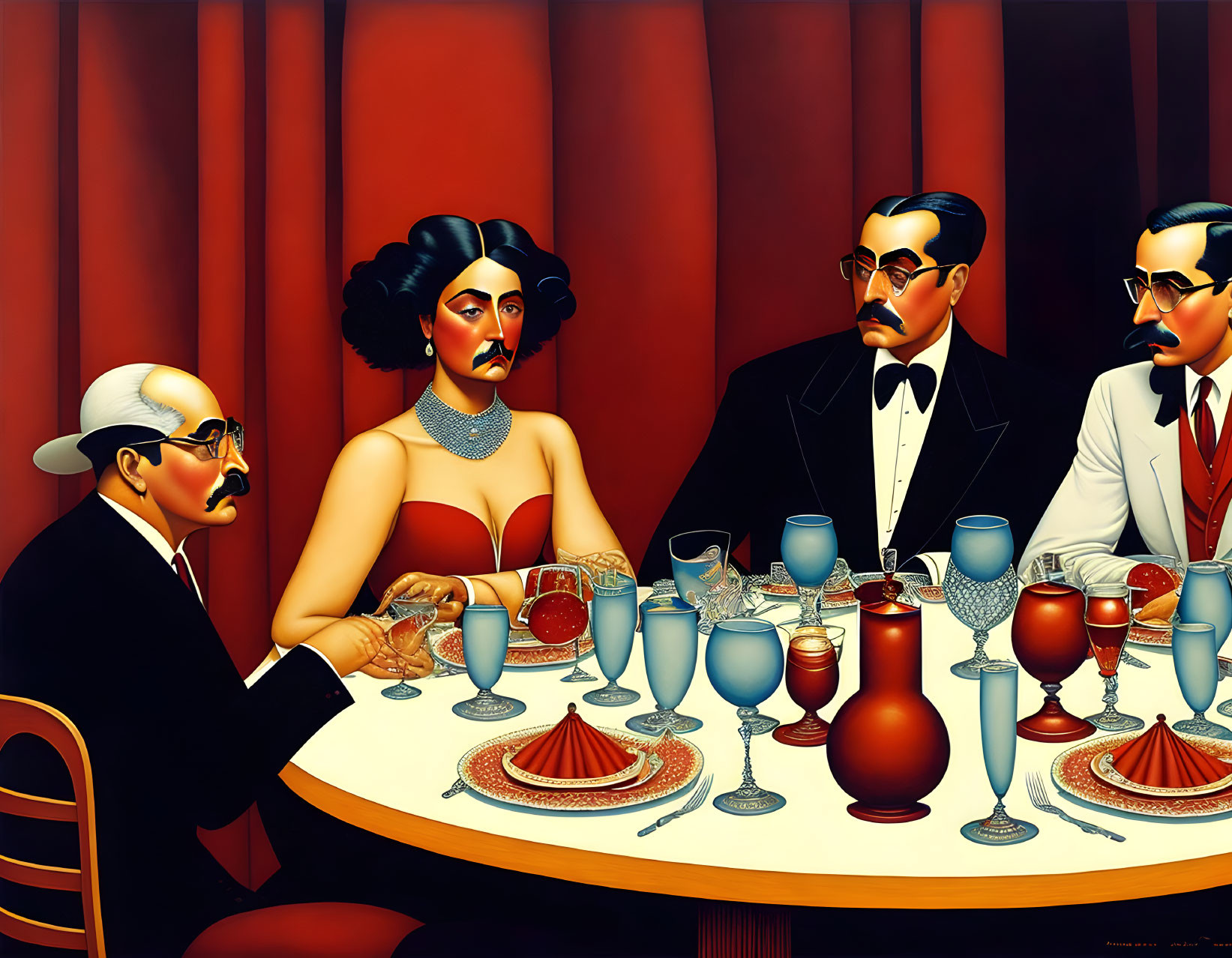 Four stylized figures at a table with drinks in a sophisticated setting with rich red tones.