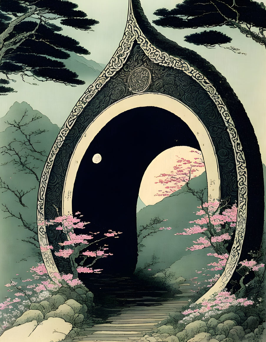 Fantasy-style illustration of ornate gate, cherry blossoms, crescent moon.