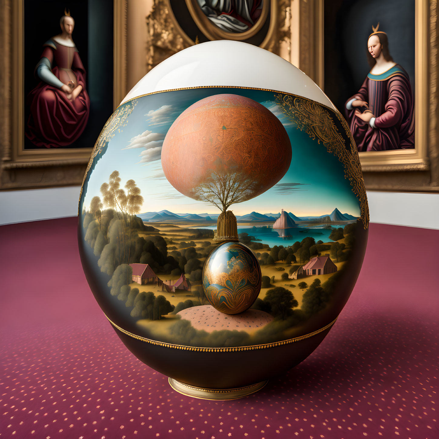 Surreal artwork with large reflective orb and classic paintings