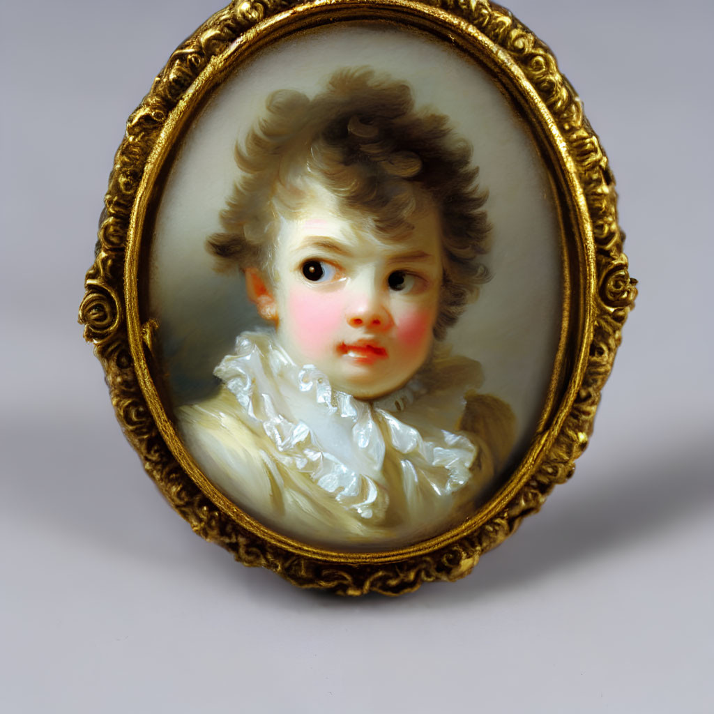 Cherubic child portrait with rosy cheeks and curly hair in gold frame