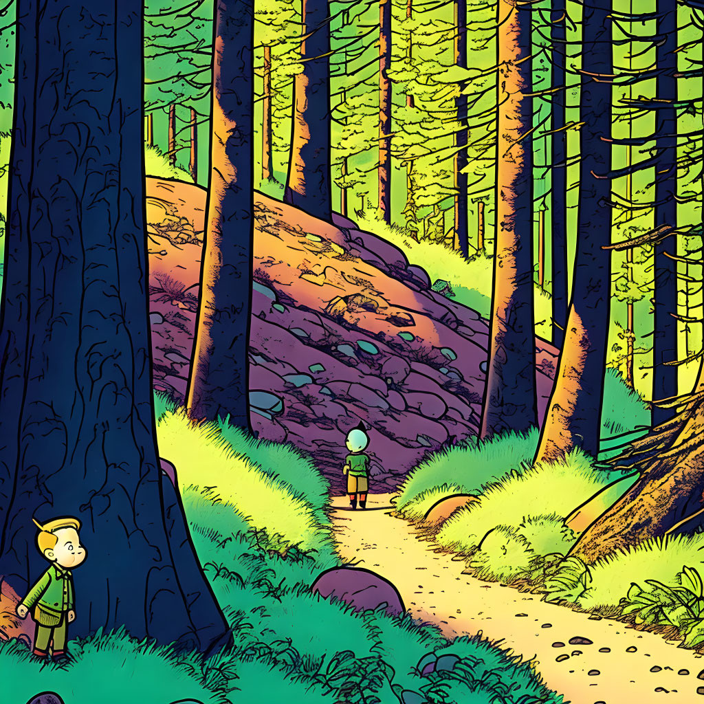 Vibrant forest illustration with two people under yellow-green light