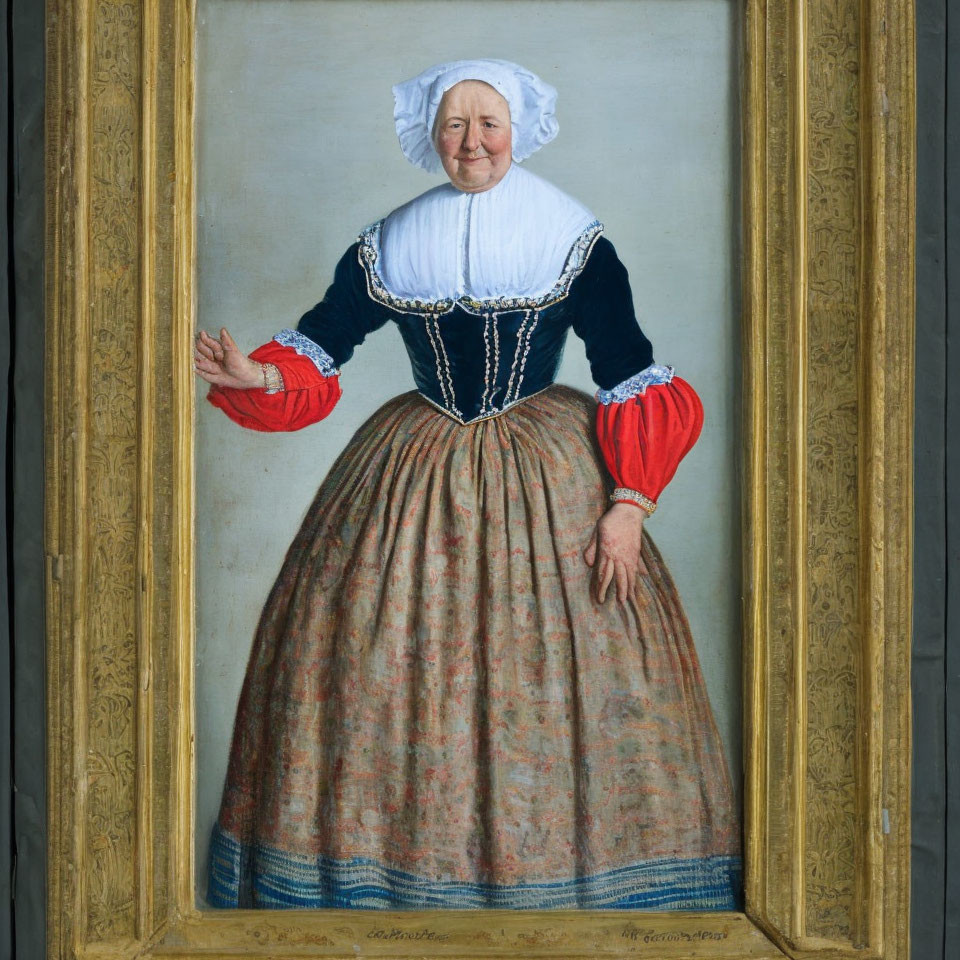 Elderly woman in traditional dress with white bonnet, black bodice, red sleeves, and