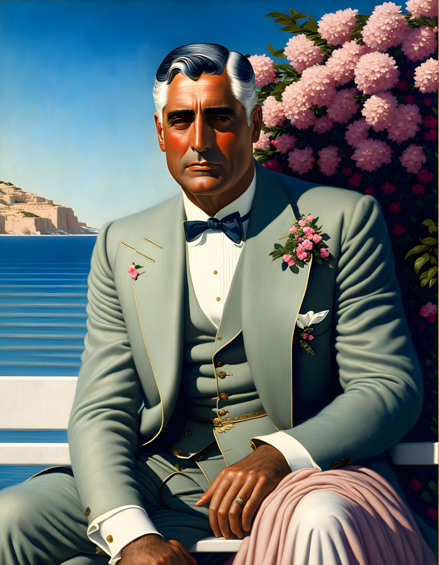 Elderly man in pastel suit with bow tie, coastal backdrop.