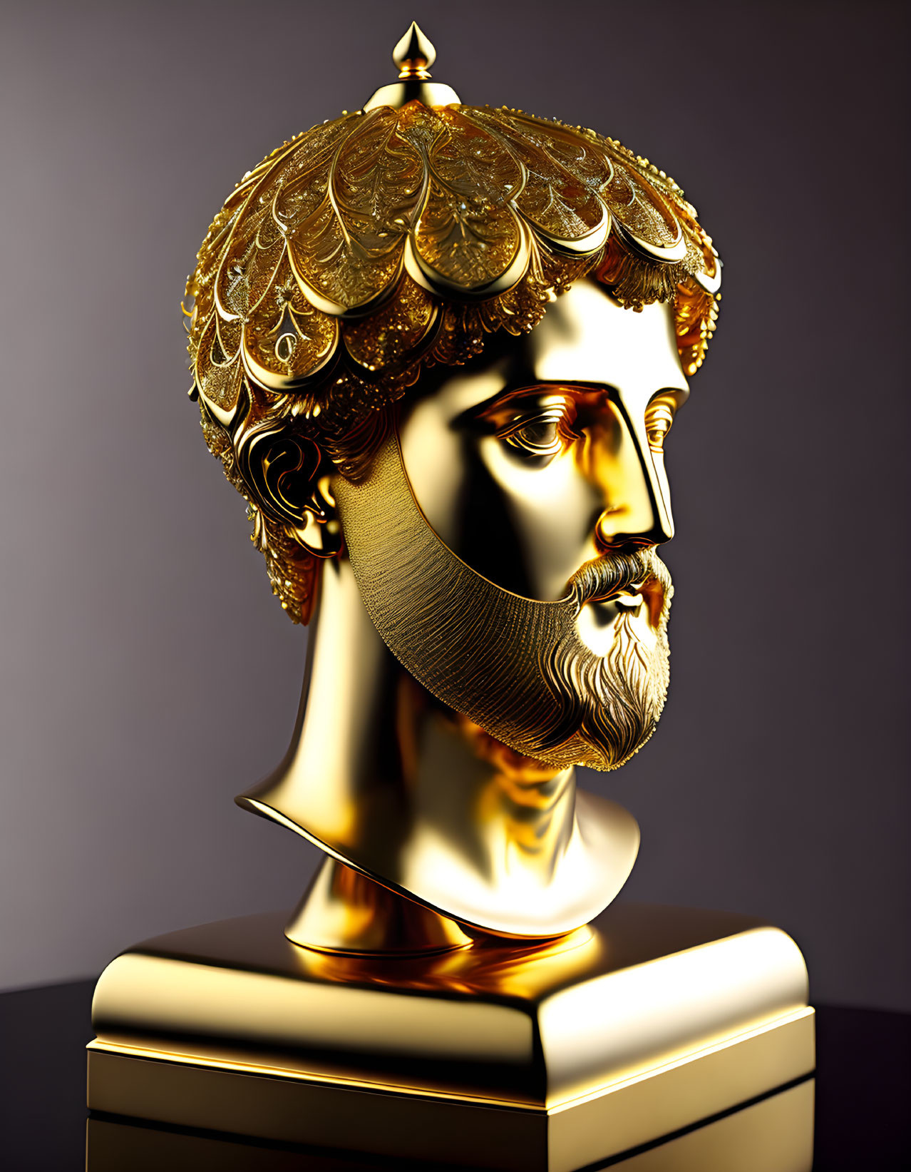 Golden bust of a bearded male with intricate hair and beard patterns on dark gradient background