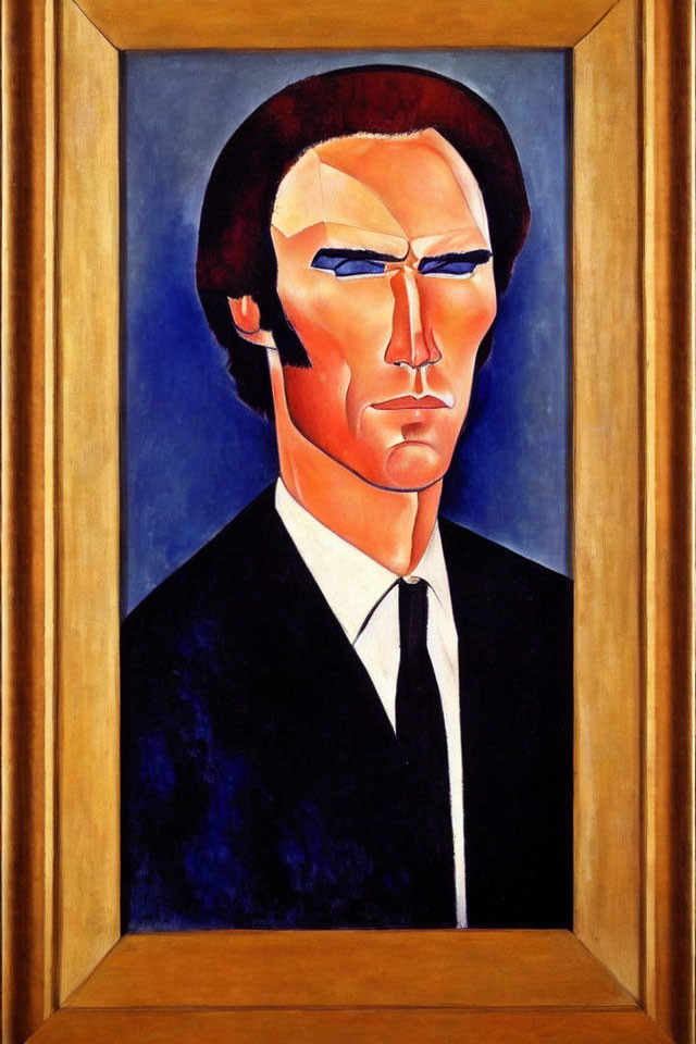 Stylized portrait painting of a man in a dark suit against blue background