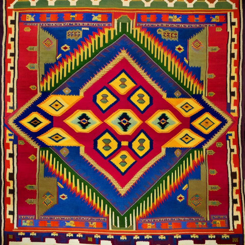 Colorful Handwoven Rug with Geometric Diamond Pattern & Traditional Motifs