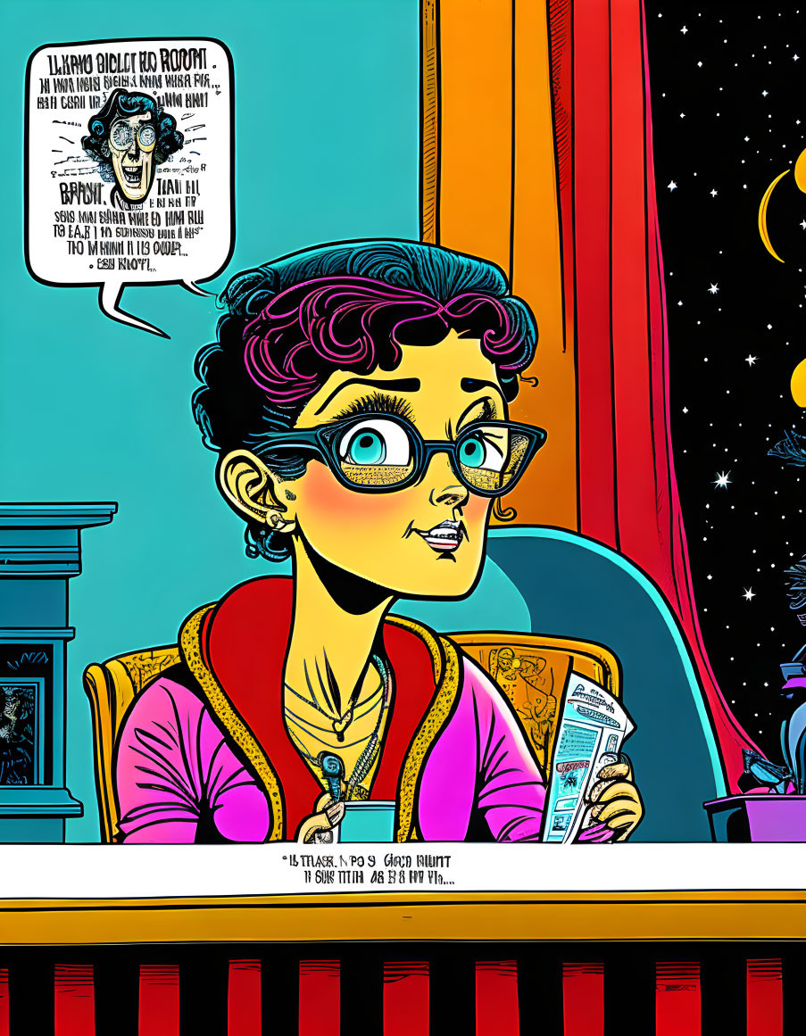 Curly-haired woman in glasses with comic book at space-themed desk.