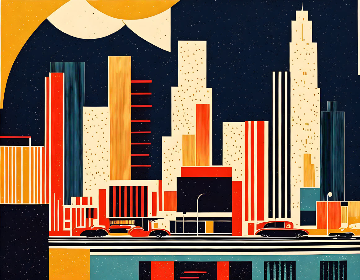 Colorful cityscape illustration with retro style and geometric buildings, cars, and yellow moon.