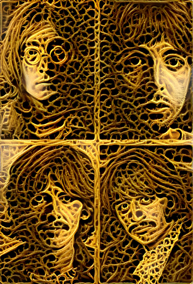 The Beatles in gold filigree.