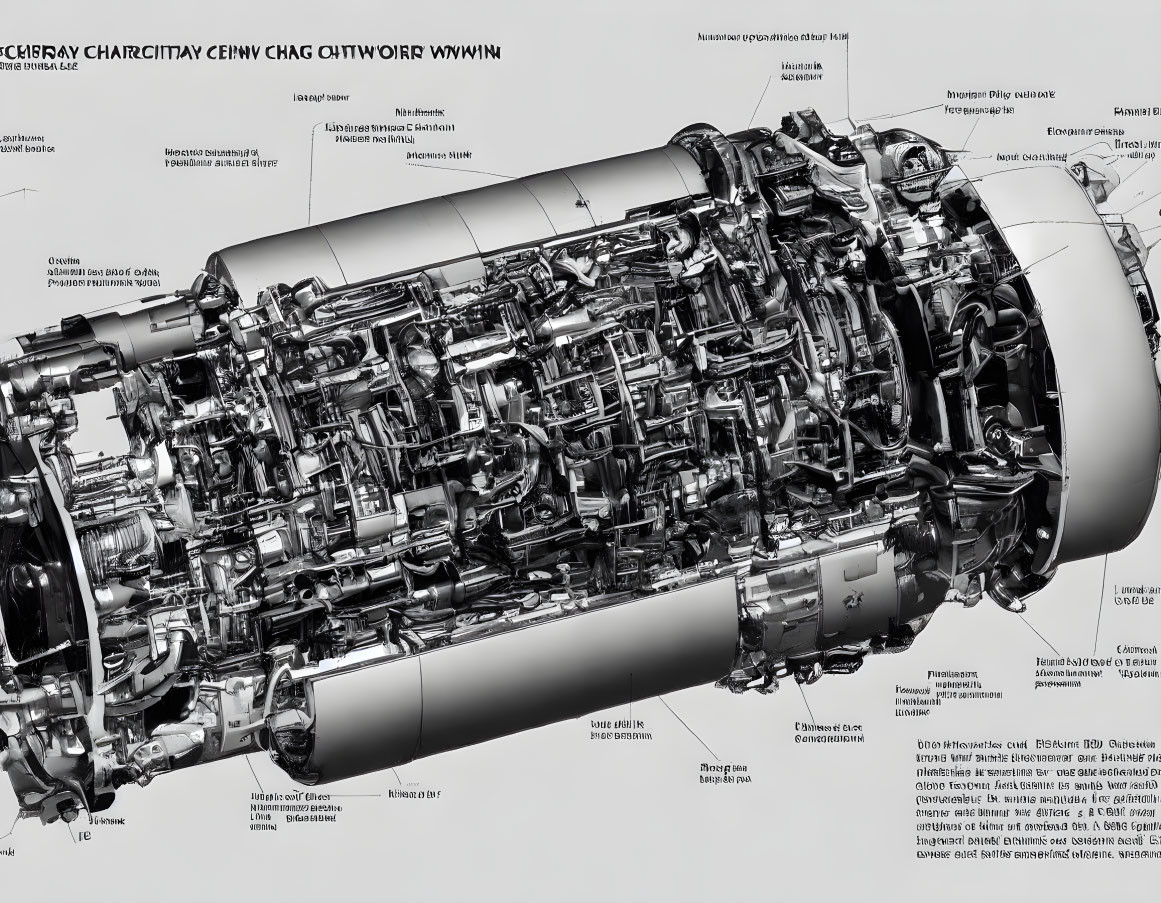 Detailed diagram of complex jet engine components and mechanics.