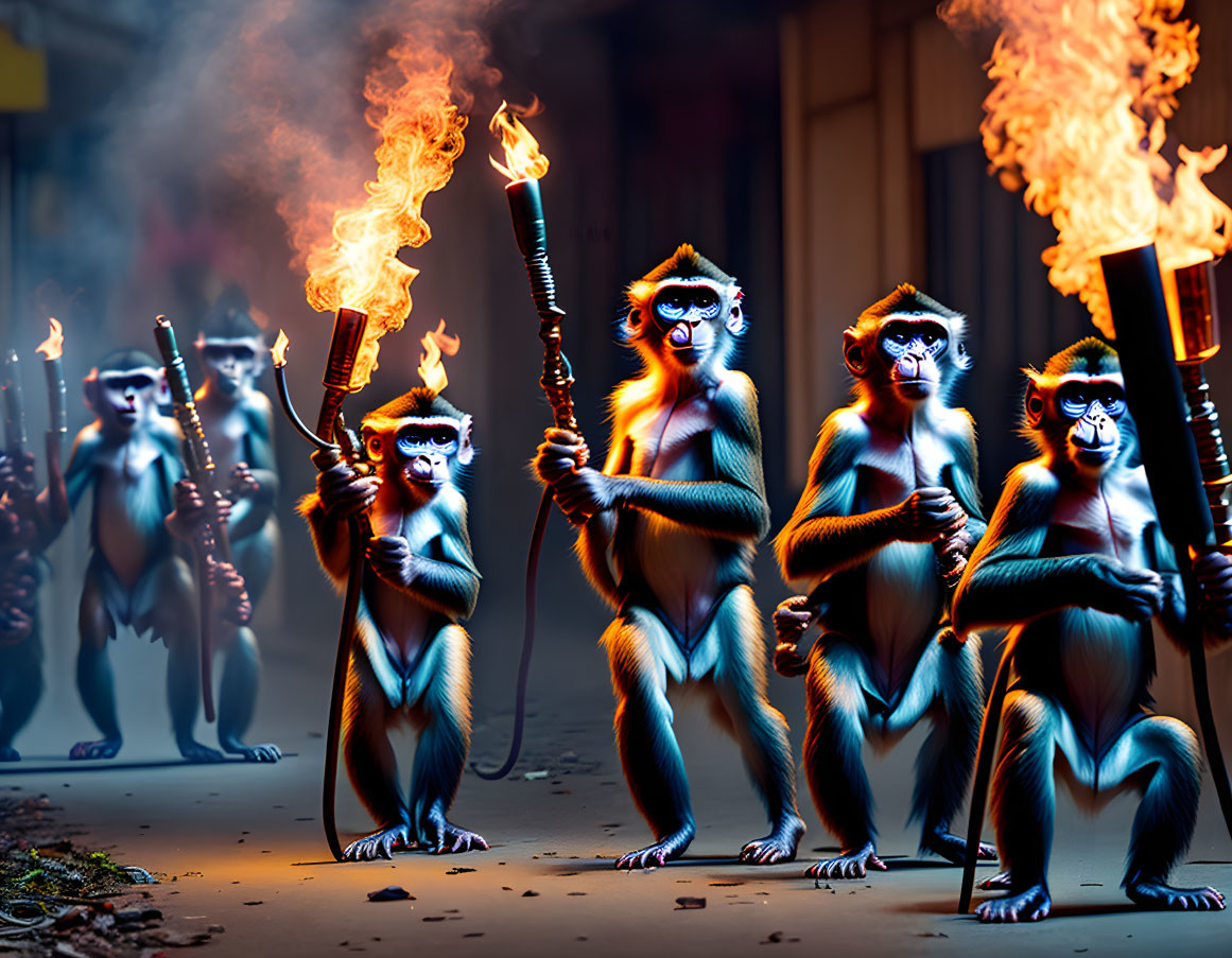 Five animated monkeys with torches in dimly lit street setting