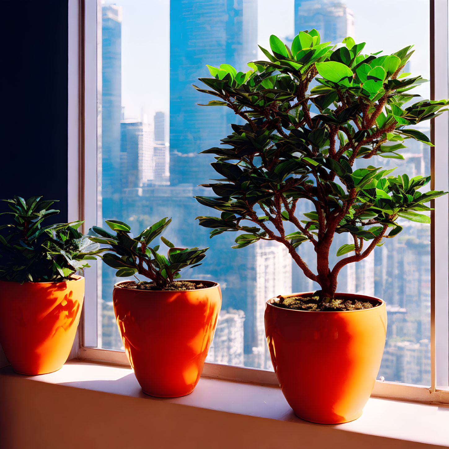 Green plants in orange pots against urban skyline.