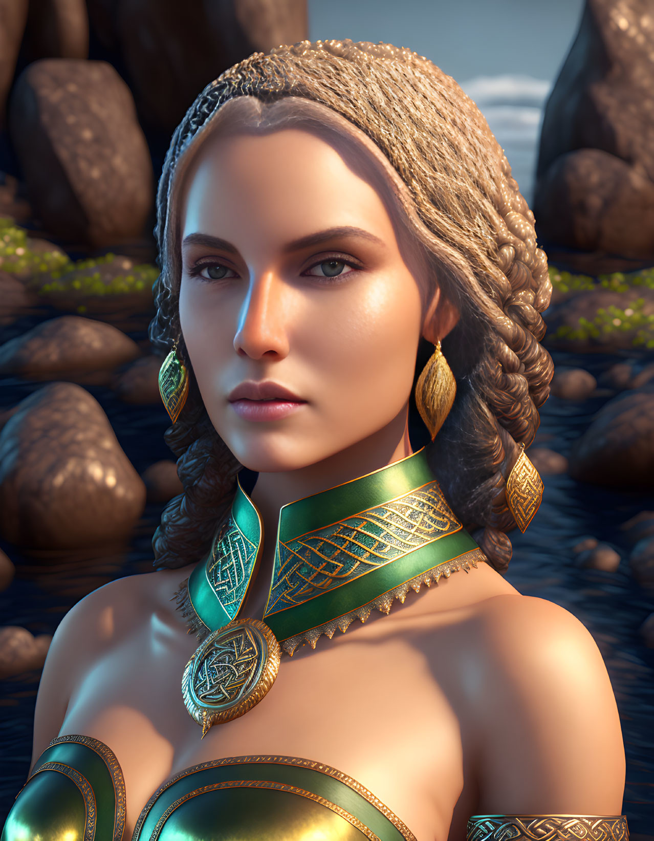 Woman with Braided Hair and Gold Jewelry on Rocky Beach at Twilight