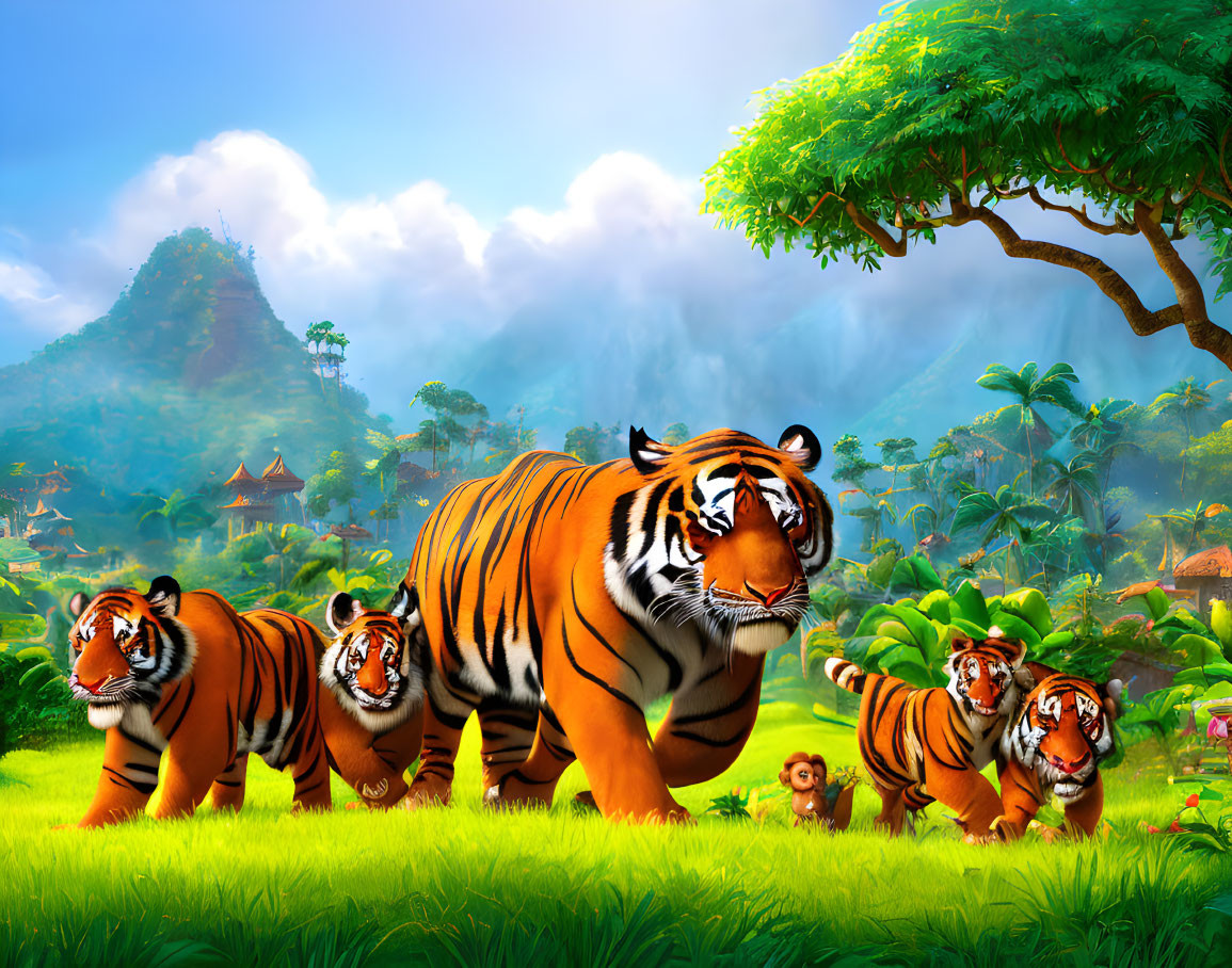 Animated tigers in lush jungle with traditional houses.