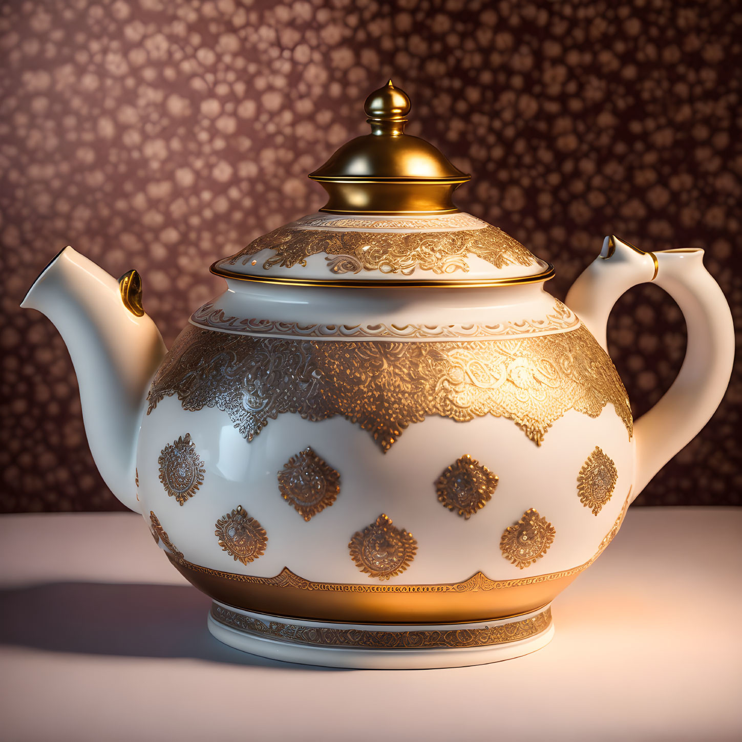 White and Gold Patterned Teapot with Ornate Details on Textured Background