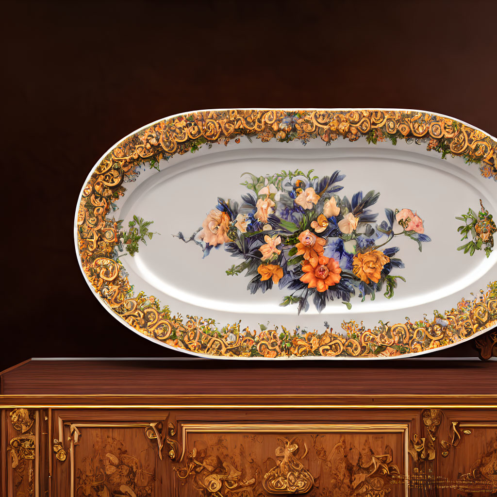 Oval porcelain platter with gold accents and floral design on wooden surface