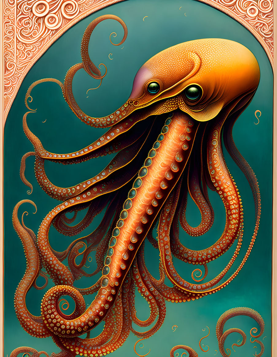 Detailed Orange Patterned Octopus Illustration on Ornate Green Background