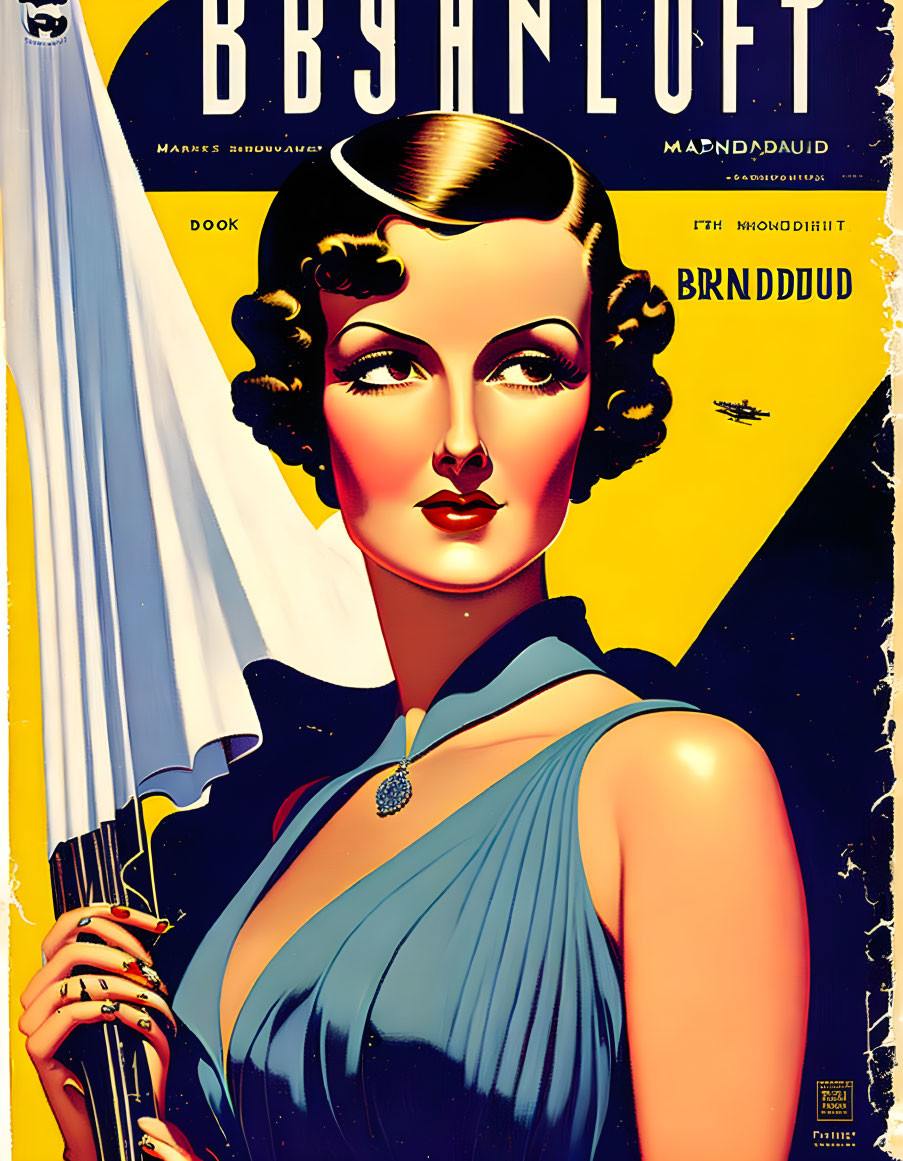 Glamorous woman with umbrella in vintage poster.