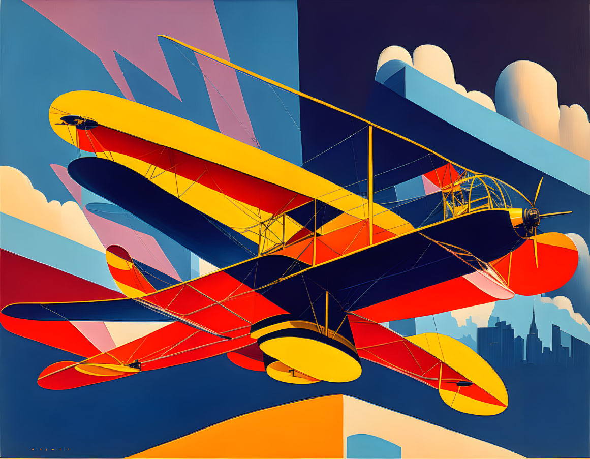 Vintage planes in colorful formation over geometric background and city skyline.