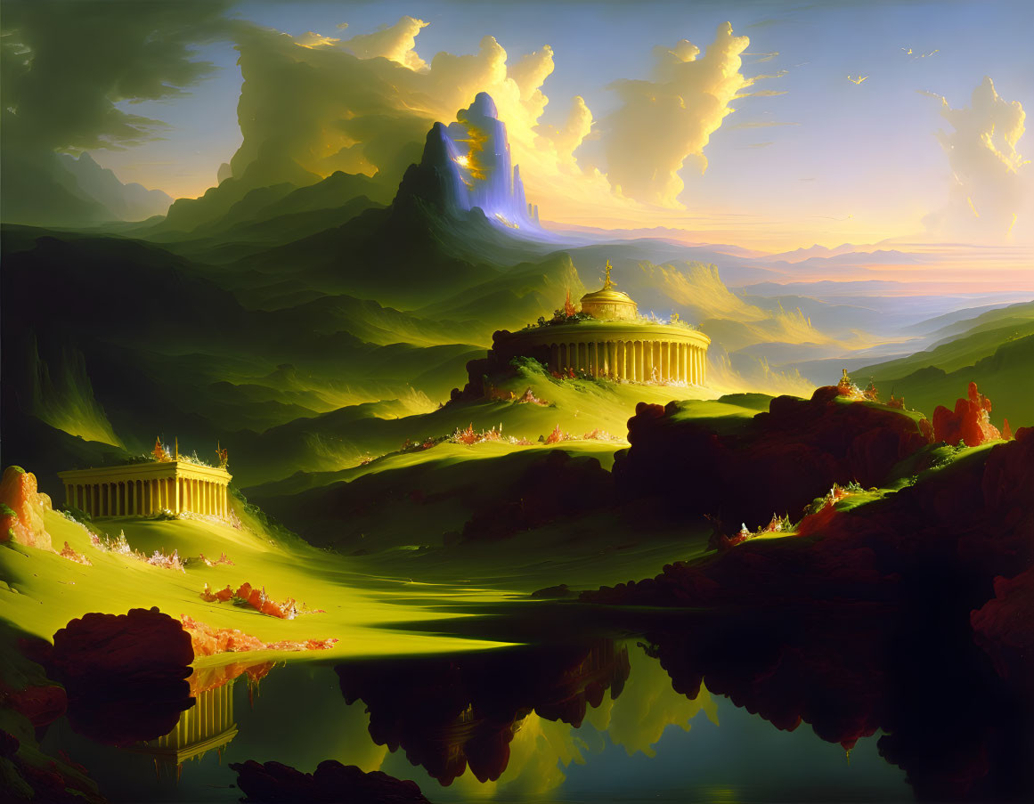 Tranquil fantasy landscape with classical architecture, green hills, lake, and dramatic sky