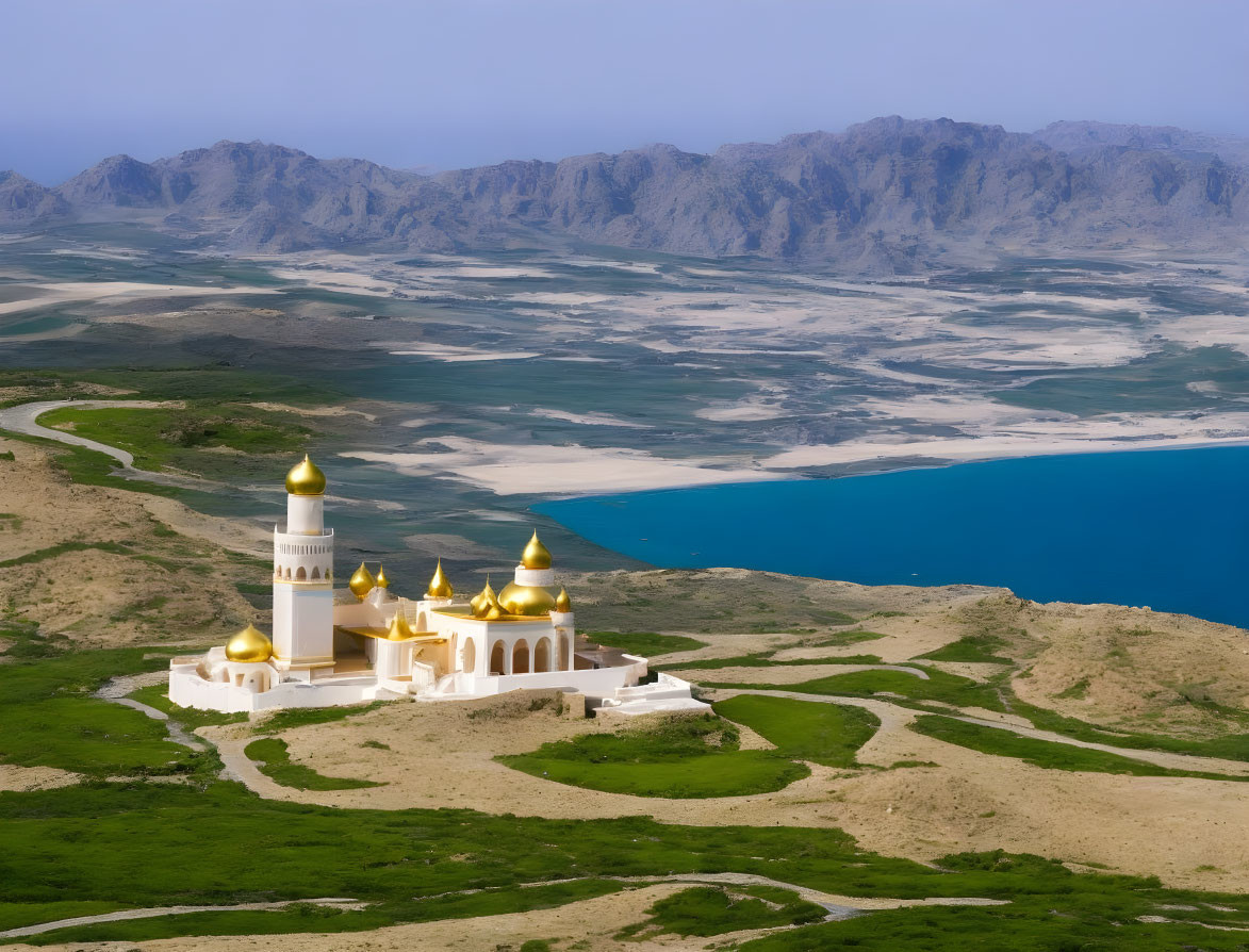 White Mosque with Golden Domes by Blue Lagoon and Mountains