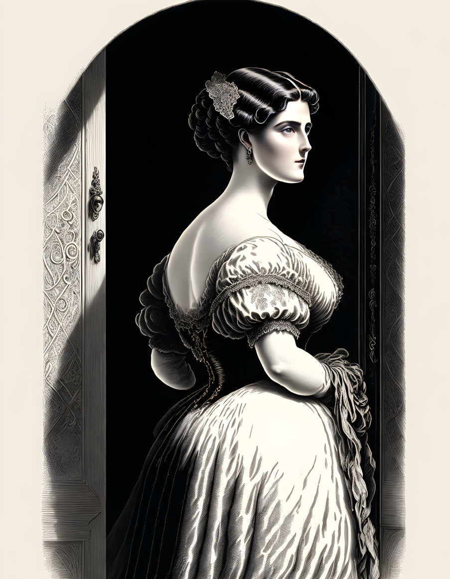 Detailed vintage woman illustration by ornate door