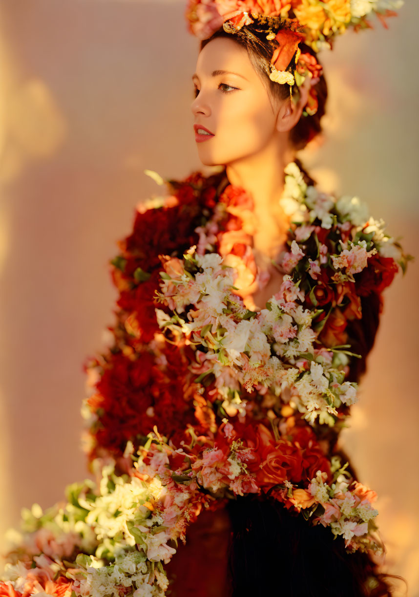 Woman in floral headpiece and garment under warm light gazes sideways.