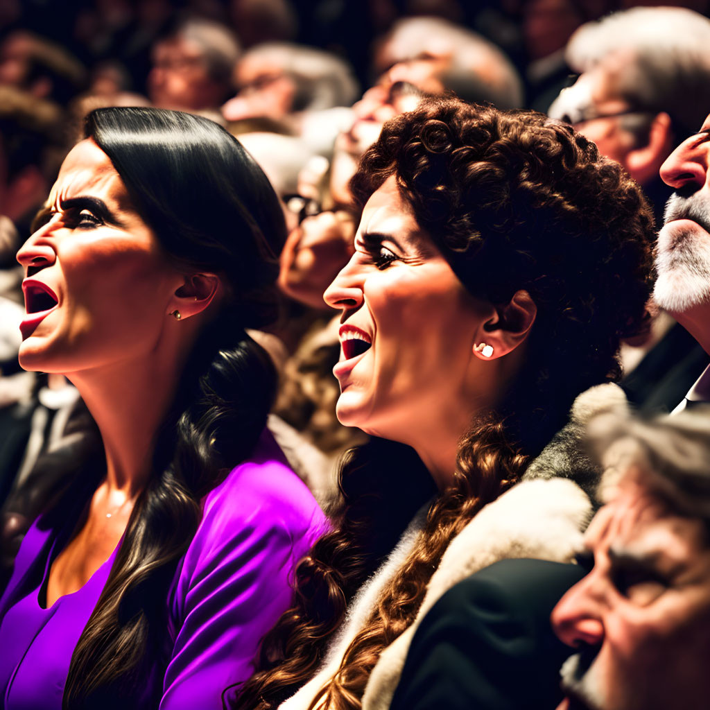 Two women in colorful attire smiling at event crowd