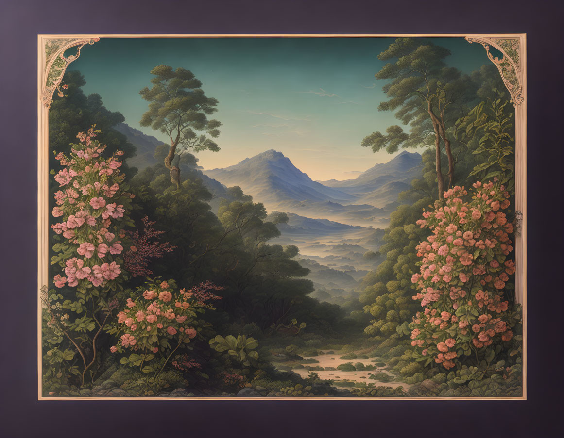 Framed painting: Serene landscape with lush greenery, pink flowers, misty mountains,