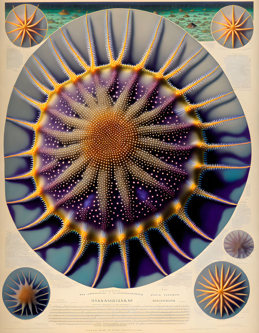 Vintage-style Educational Chart: Abstract Radial Sea Creature Pattern on Blue Background