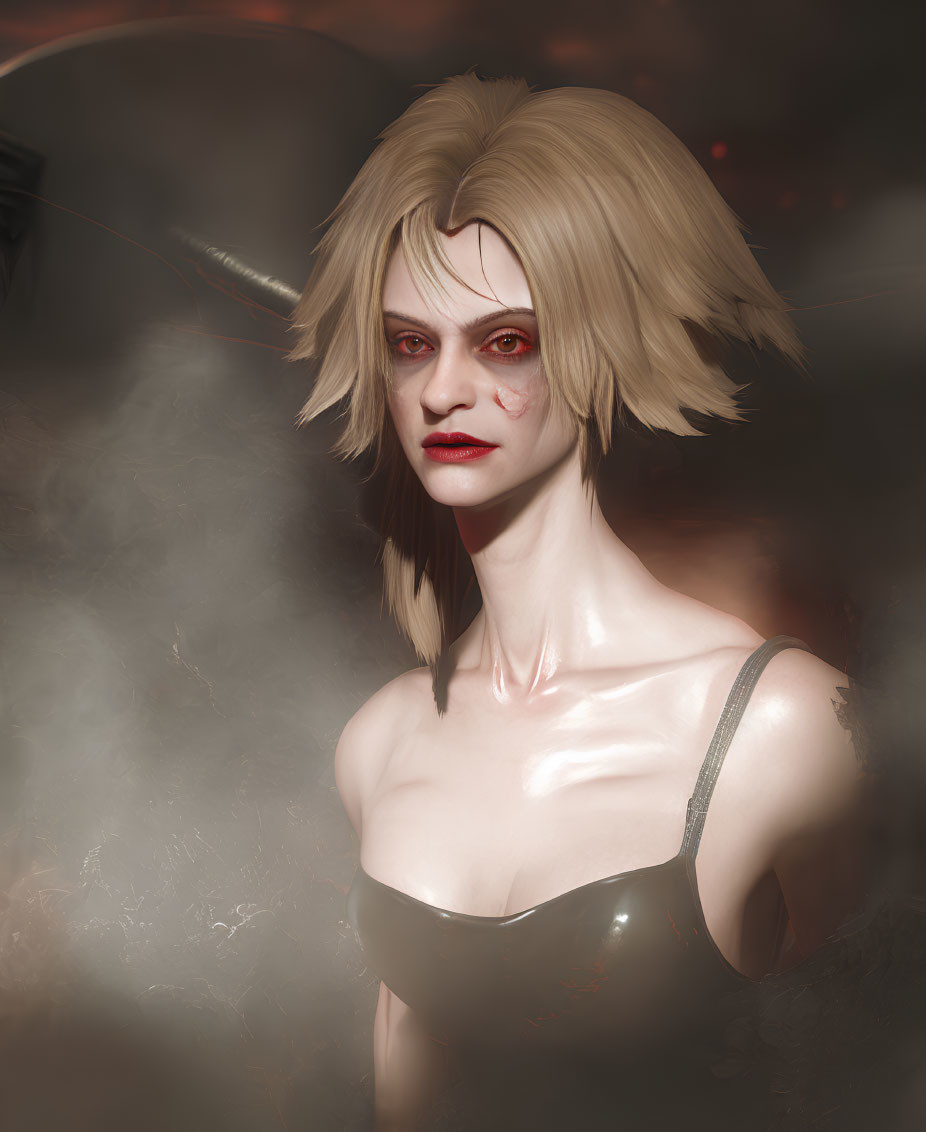 Blonde Woman with Red Eyes in Black Garment on Foggy Background