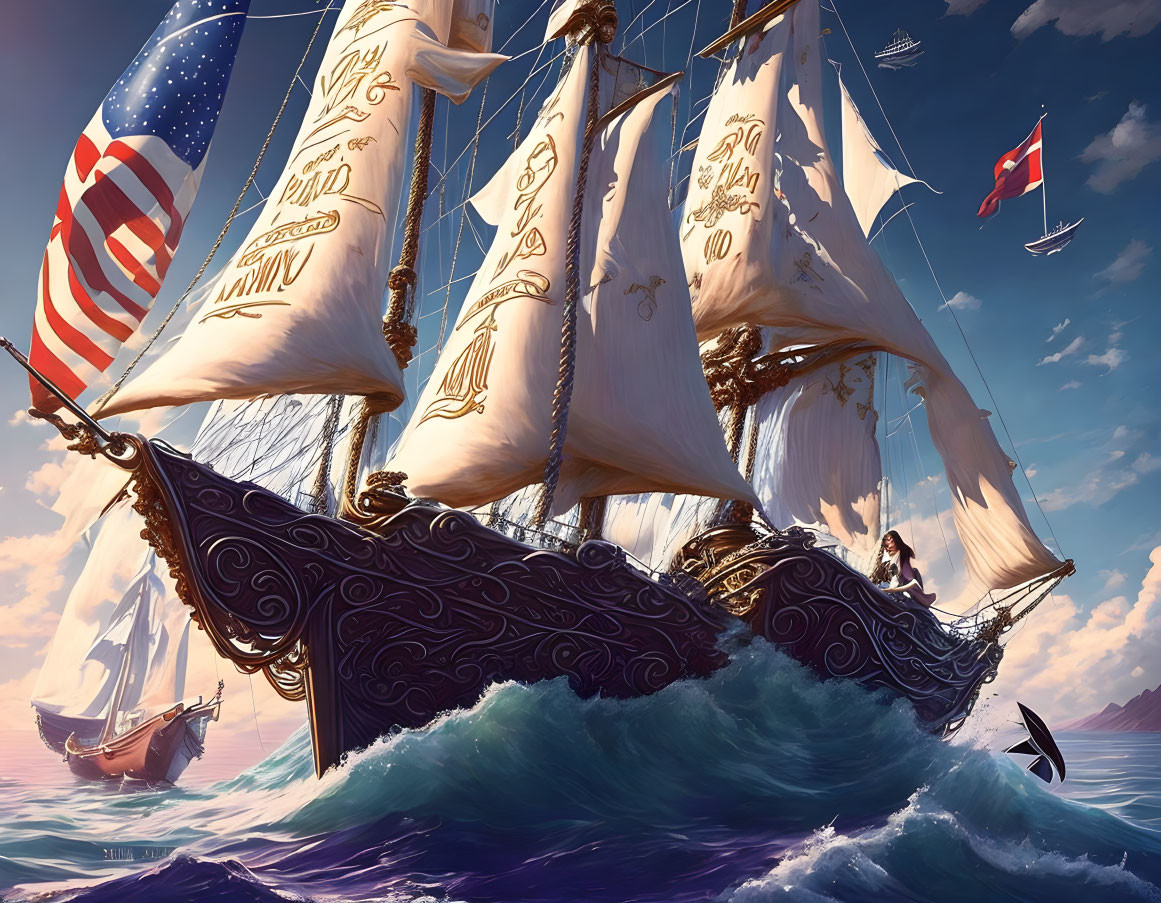 Ornately designed sailing ship on choppy seas with US flag