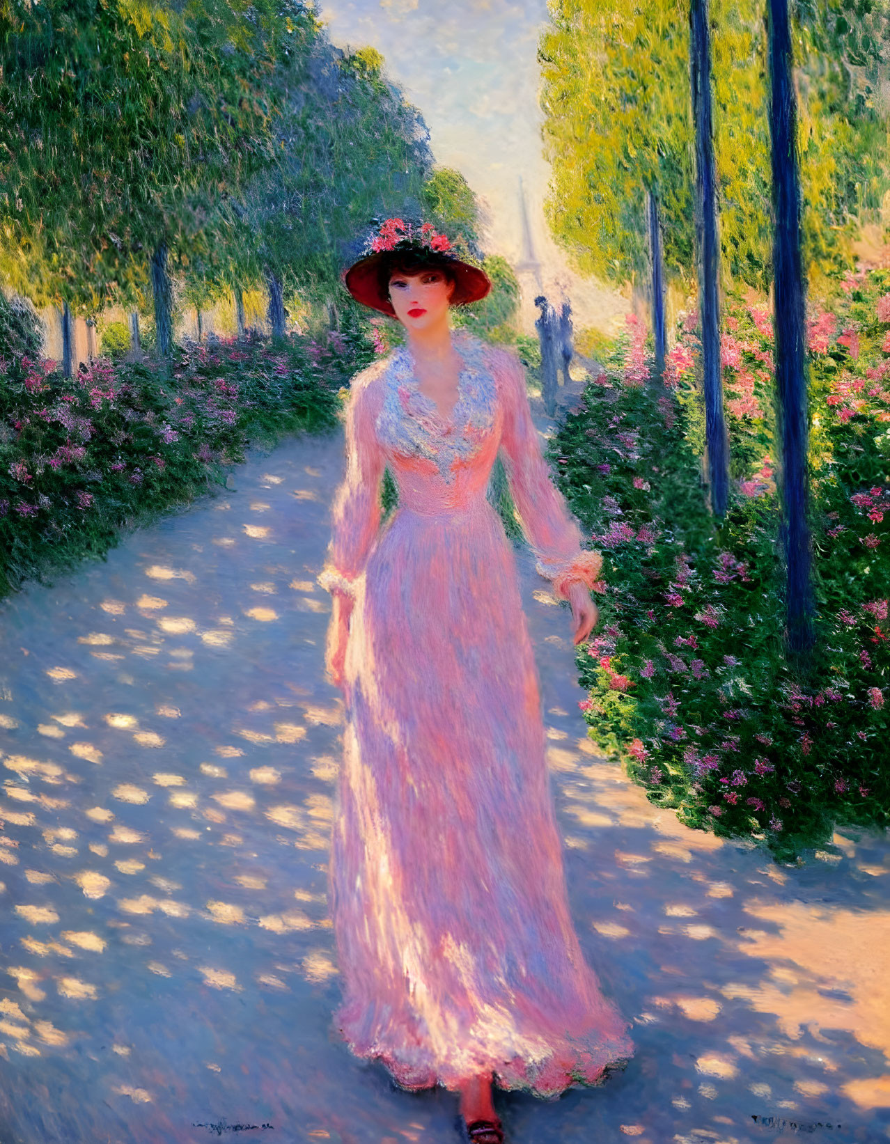 Woman in pink dress and wide-brimmed hat walking on sunlit path among lush greenery and