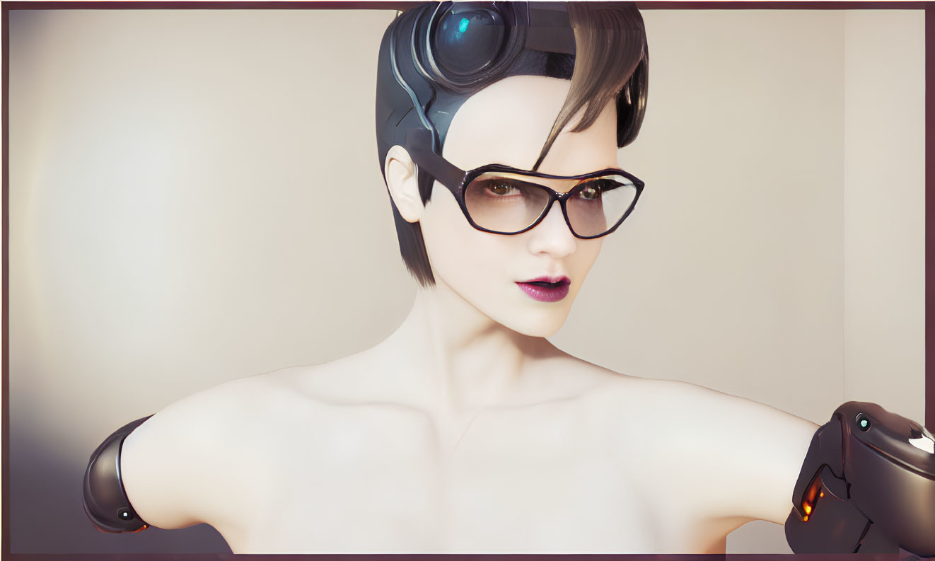 Futuristic female portrait with robotic arm and headset