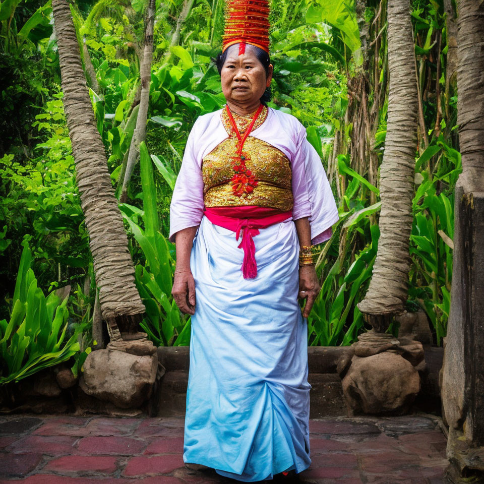 Traditional attired woman with red hat and gold jewelry in lush green setting