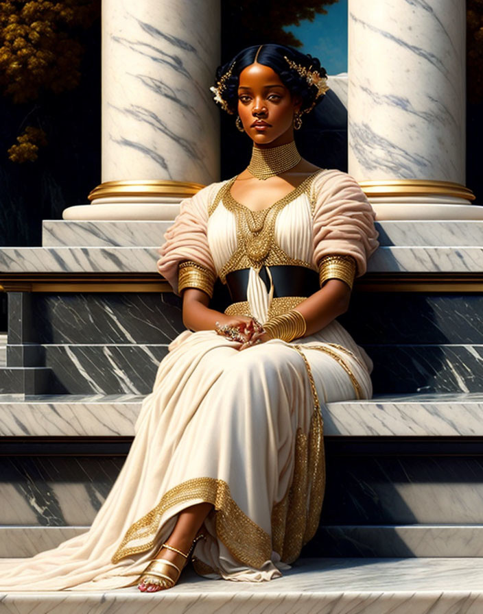 Regal woman in cream and gold gown on marble steps