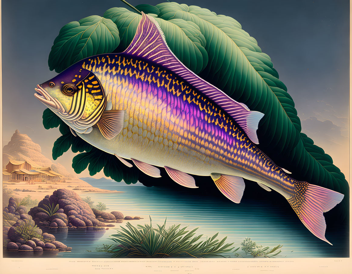 Colorful Fish Illustration Over Stylized Landscape