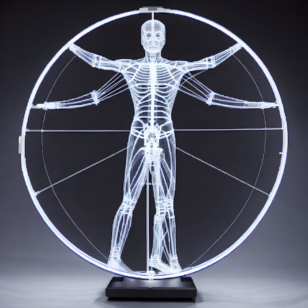 Circular frame skeletal sculpture with illuminated bones on dark background