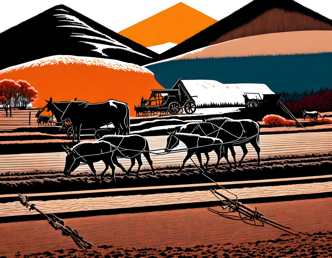 Rural scene illustration with oxen, cart, and mountains in orange and black palette