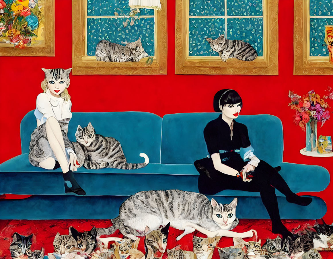 Vibrant artwork: woman on blue couch with cats, red walls & framed pictures