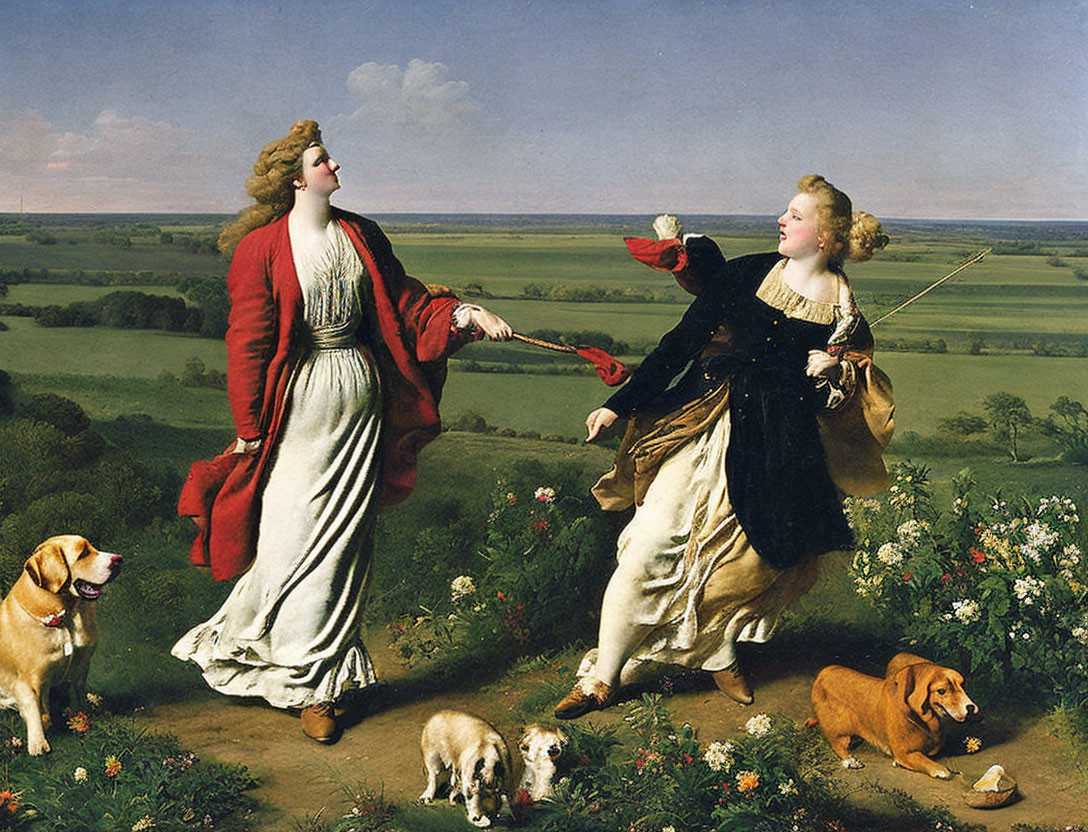 Classical painting of two elegantly dressed women with three dogs in countryside