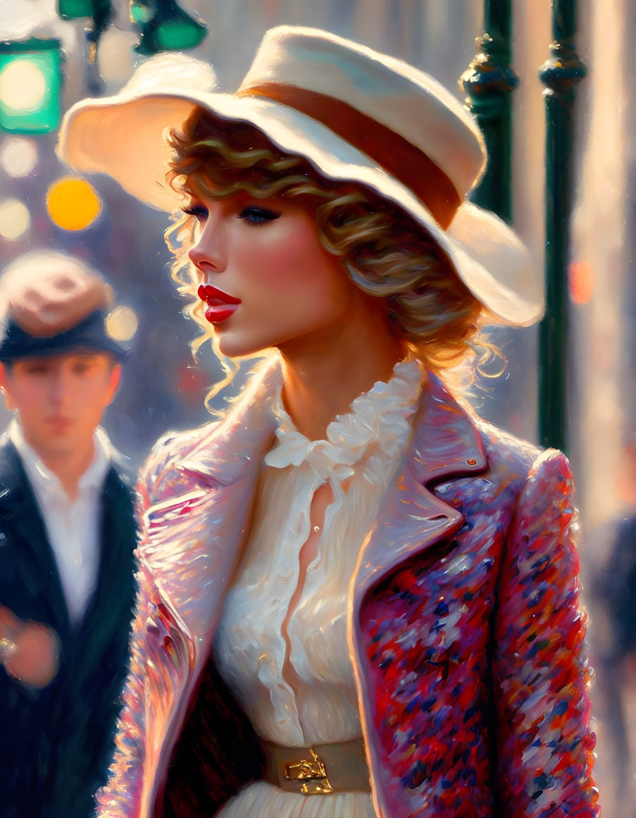 Blonde woman with hat walking confidently on sunny street