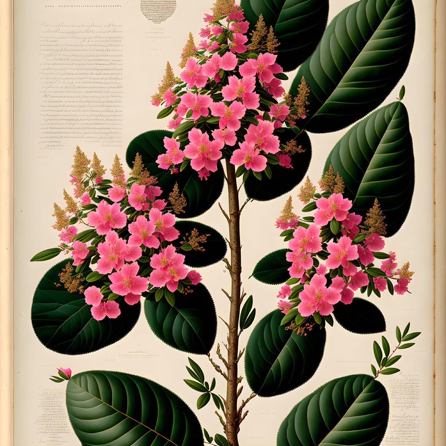 Vintage botanical illustration of plant with green leaves and pink flowers.