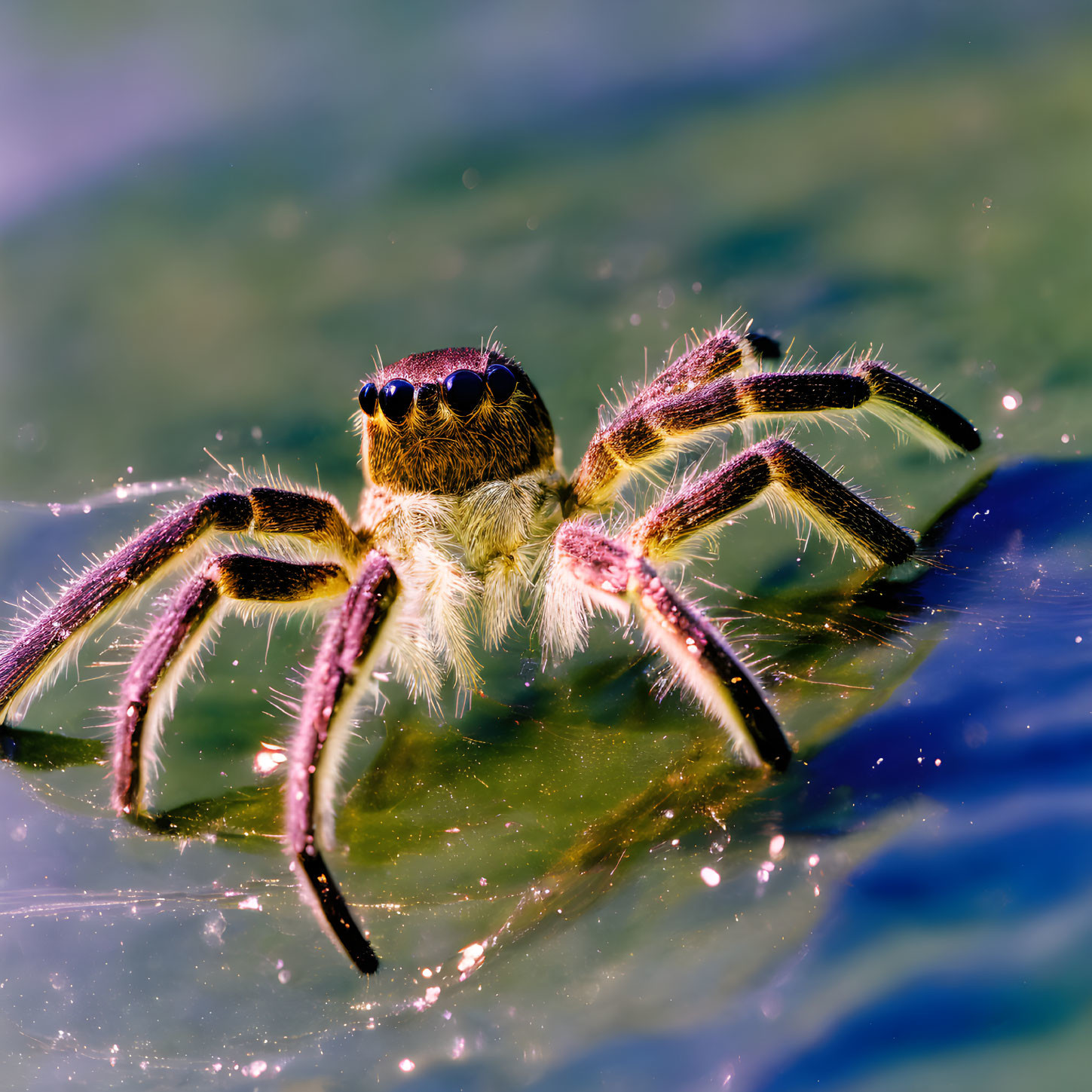 Jumping spider close-up on reflective surface: hairy legs and large eyes.