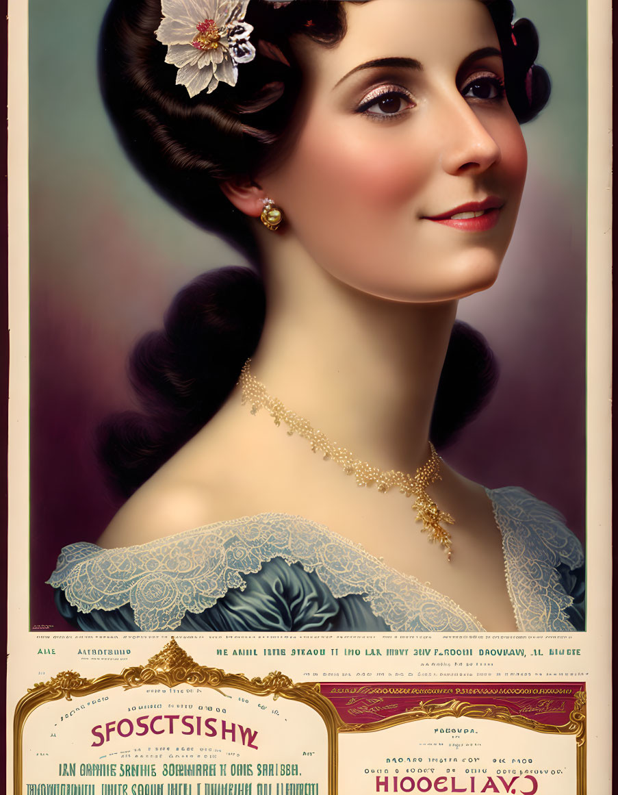 Vintage portrait of a woman with white flower, lace collar, and ornate designs.