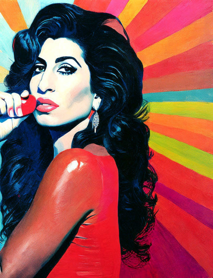 Vibrant pop art portrait of a woman with dark hair and microphone